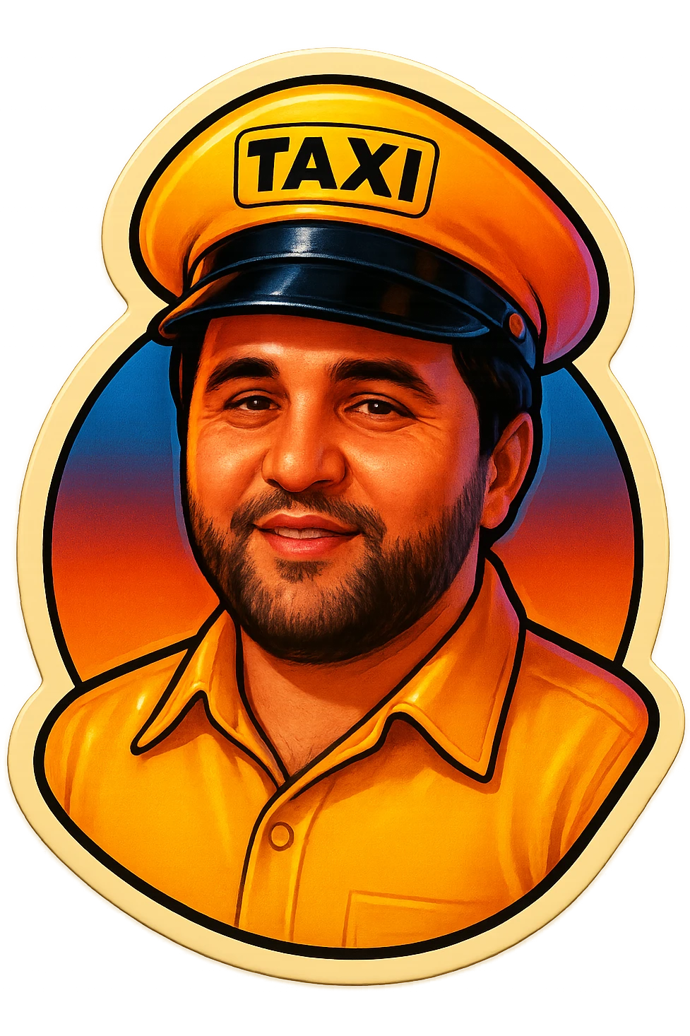 mana shu odam boshiga "taxi" deb yozilgan bosh kiyim kiygaz va sariq kiyimda xuddi taksi haydovchisidek tasvirla emoji