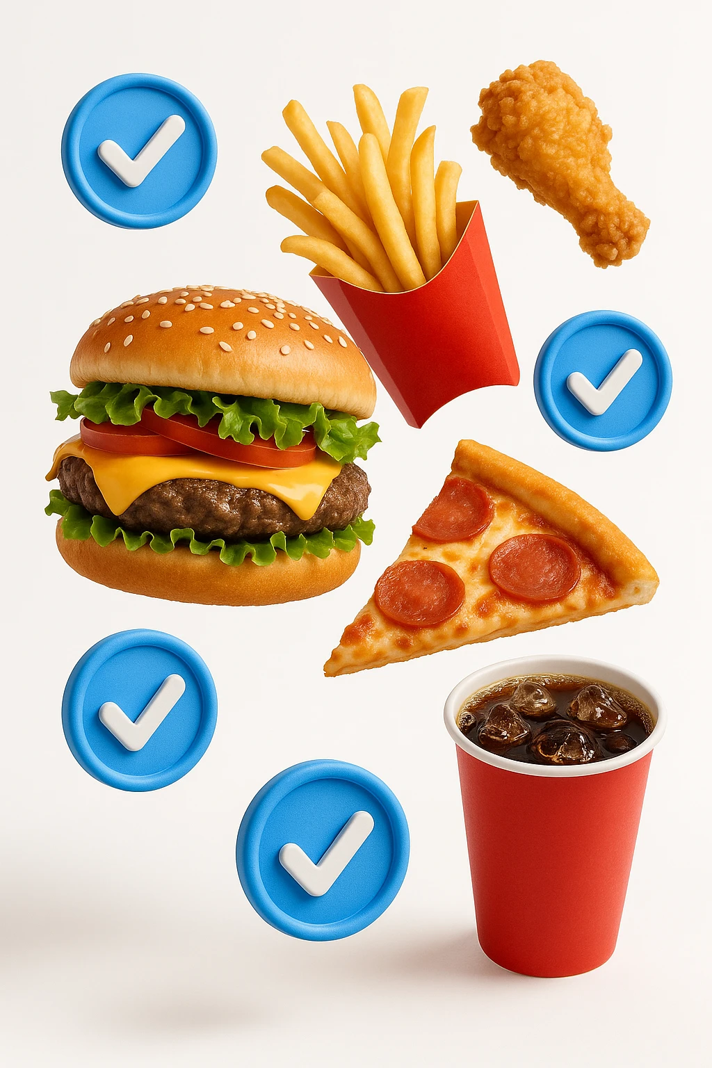 fast food realistico fluttua in aria insieme a spunte di verificato in 3d, sfondo bianco emoji