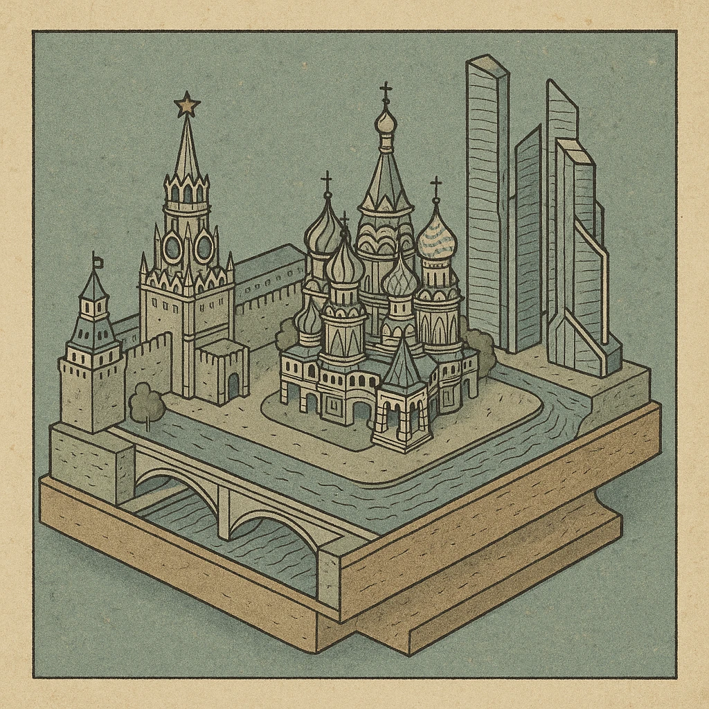 Изометричная миниатюрная 3D модель Москвы на подставке - фотореалистичный Кремль, собор Василия Блаженного, Башни Москва-Сити, аккуратная детализация, яркие цвета мультяшный реализм, компактная композиция,  вид сверху в изометрии emoji