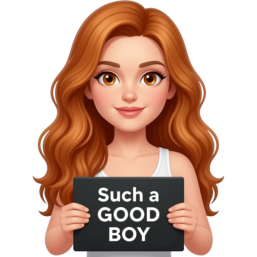 sexy girl with long wavy ginger hair and ginger eyes wearing a white tanktop is holding a black colored sign with Such a GOOD BOY written on it emoji