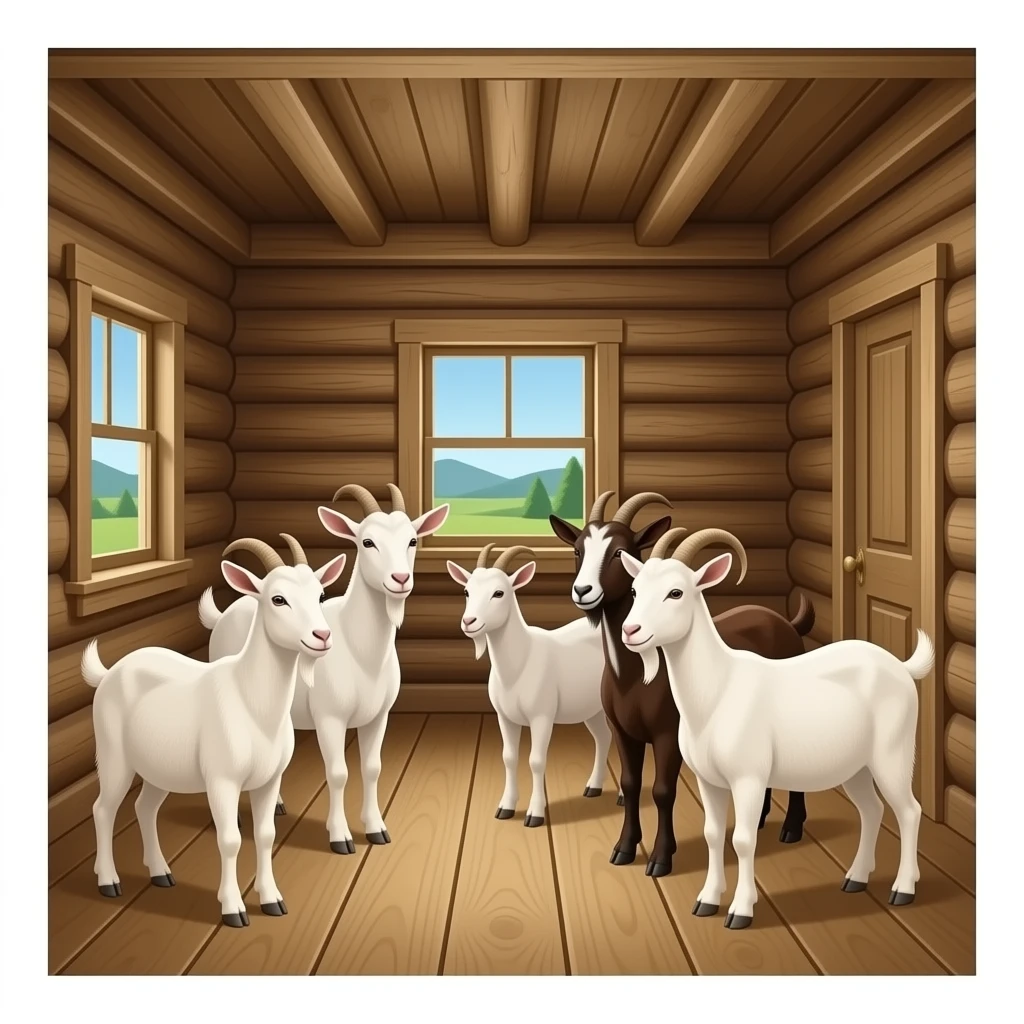 hazme la parte de dentro de una casa, dentro de la casa tienen que haver siete cabras la casa tiene que ser rustica emoji