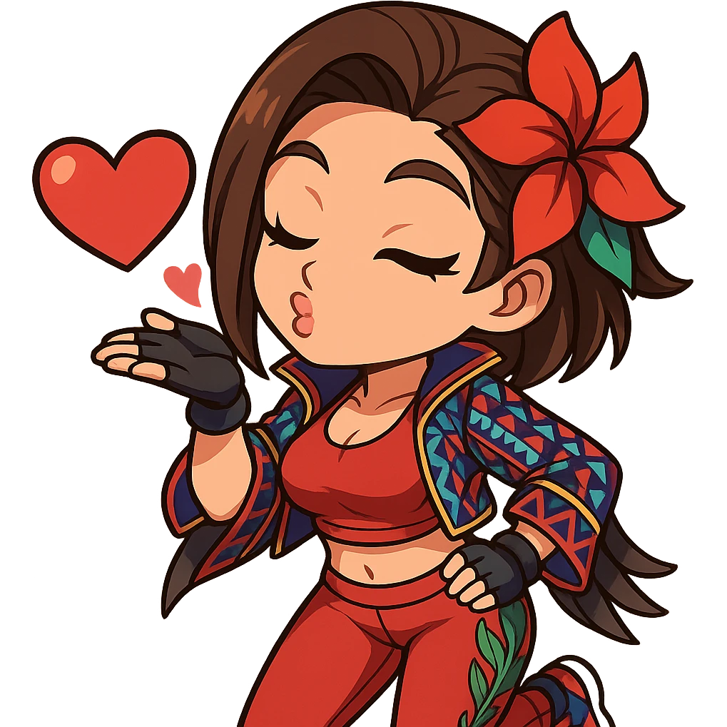 Azucena from Tekken 8 in chibi sticker style, blowing a kiss with a flirty expression, wearing the detailed red and patterned outfit from the reference images, designed for Twitch emote use. emoji