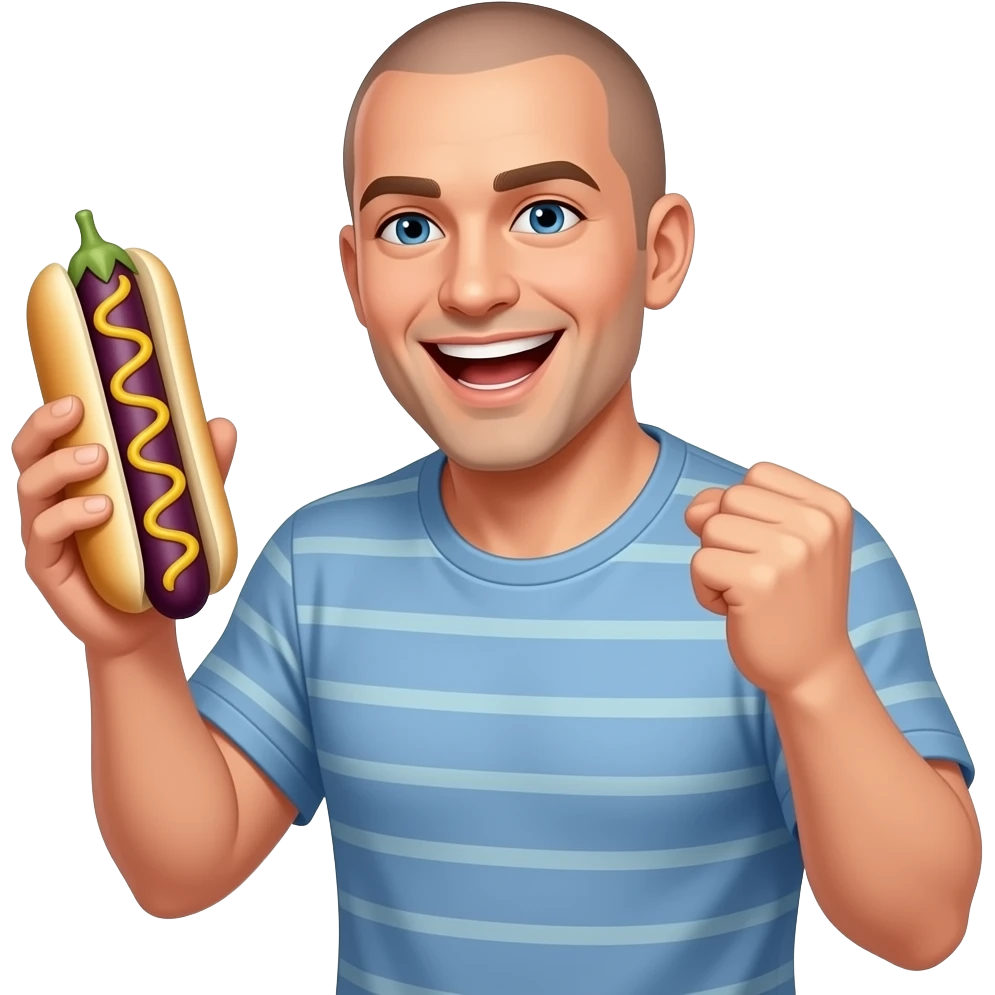 White man with shaved head celebrating a win with an eggplant hot dog emoji