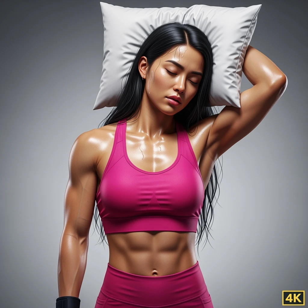 DONNA FITNESS IN PIEDI CON CUSCINO DIETRO LA TESTA MENTRE PROVA A DORMIRE, IPERREALISTICA 4K, SENZA SFONDO emoji