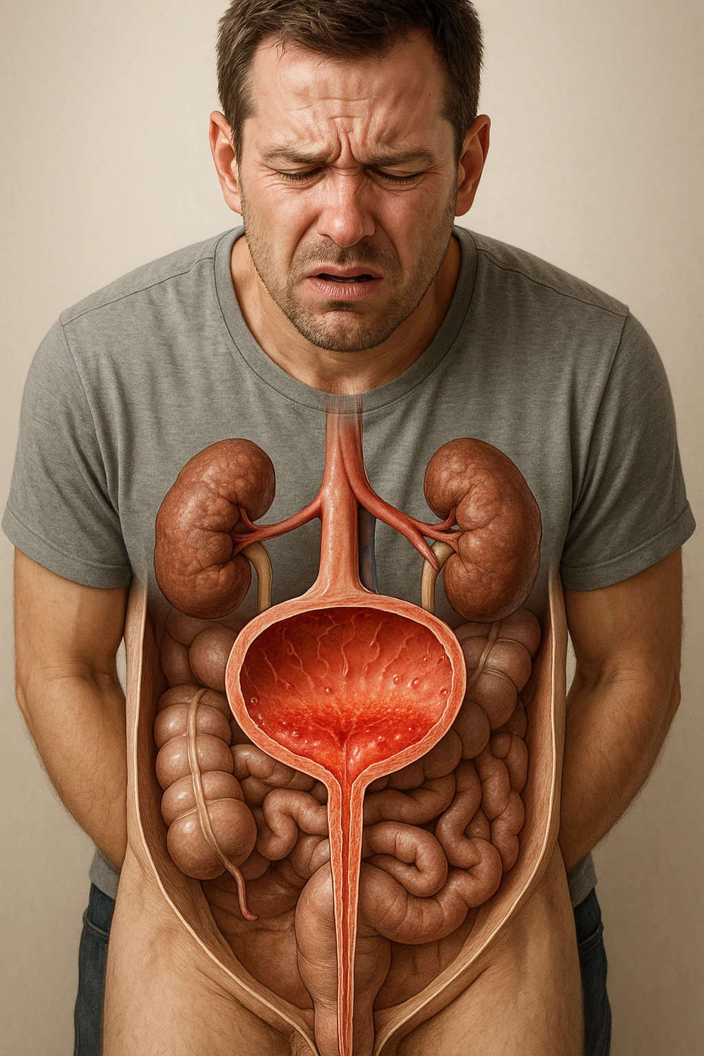 Vertical, hyper-realistic 3D cutaway illustration: uomo con difficoltà con cistite e problemi  emoji