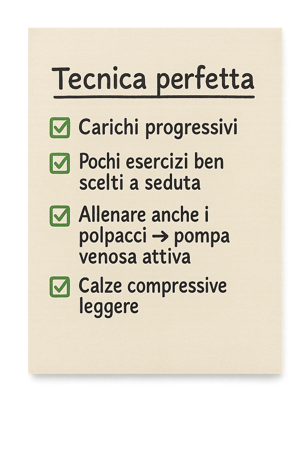 FOGLIO DI CARTA PER L'ALLENAMENTO IN PALESTRA CON LA SCRITTA "Tecnica perfetta
 ✅ Carichi progressivi
 ✅ Pochi esercizi ben scelti a seduta
 ✅ Allenare anche i polpacci → pompa venosa attiva
 ✅ Calze compressive leggere" , IPERREALISTICA 4K emoji