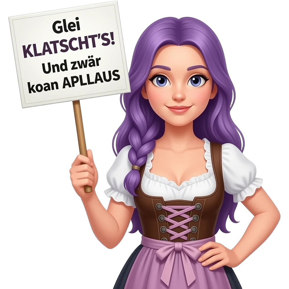 girl with long purple hair wearing a dirndl holding a Glei KLATSCHT'S! Und zwar koan APLLAUS sign emoji