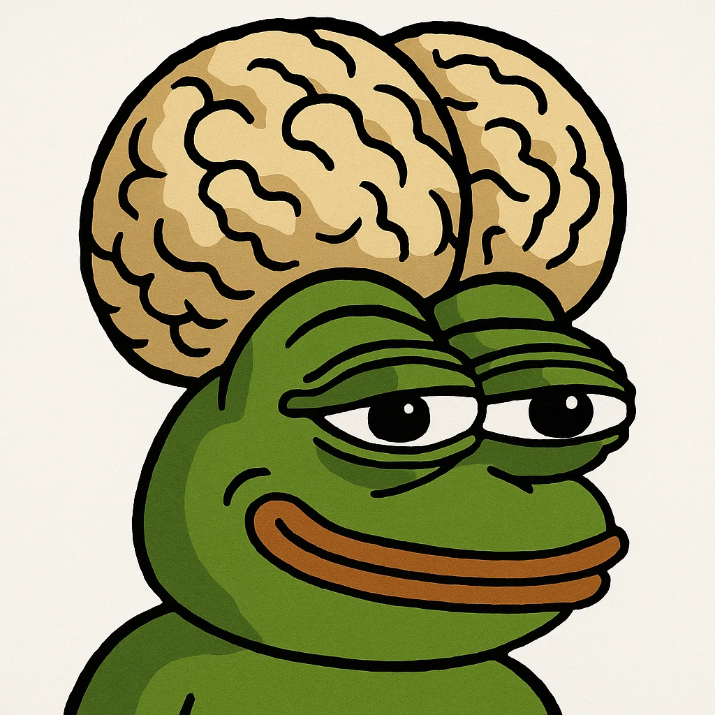 pepe the frog with a huge brain, meme style, humorous, comical, exaggeratedly large brain emoji