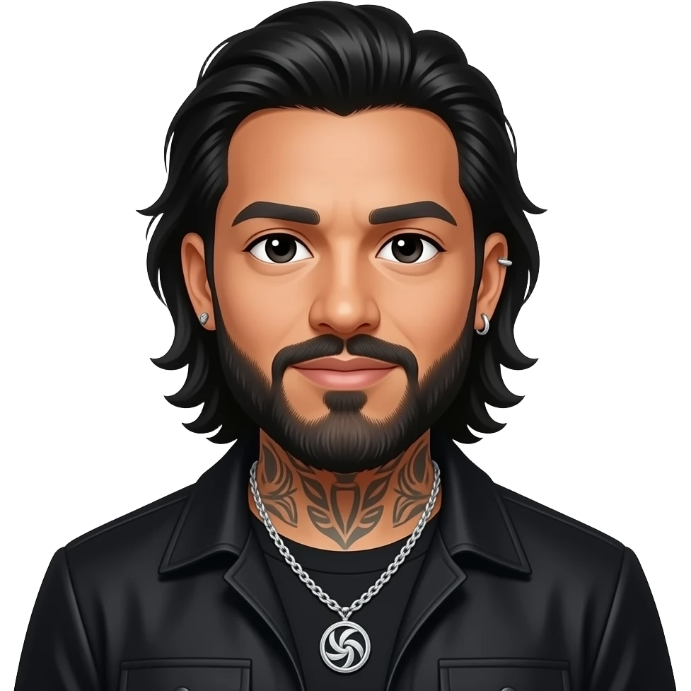 handsome, manly Latino podcast host with black colored eyes wearing black with silver jewelry, with medium length hair, a very long, lightly graying beard and tattoos, his ear and nose pierced 🤦🏽 emoji