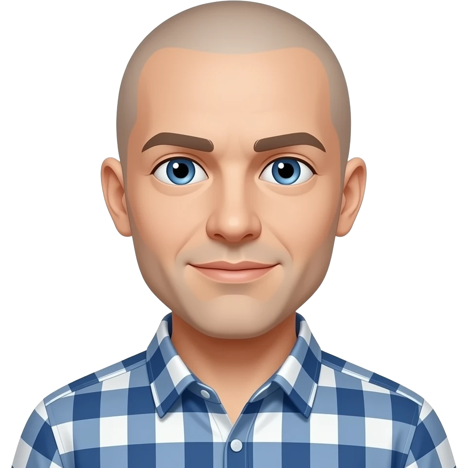 totally bald person with blue eyes and a shirt mweing emoji