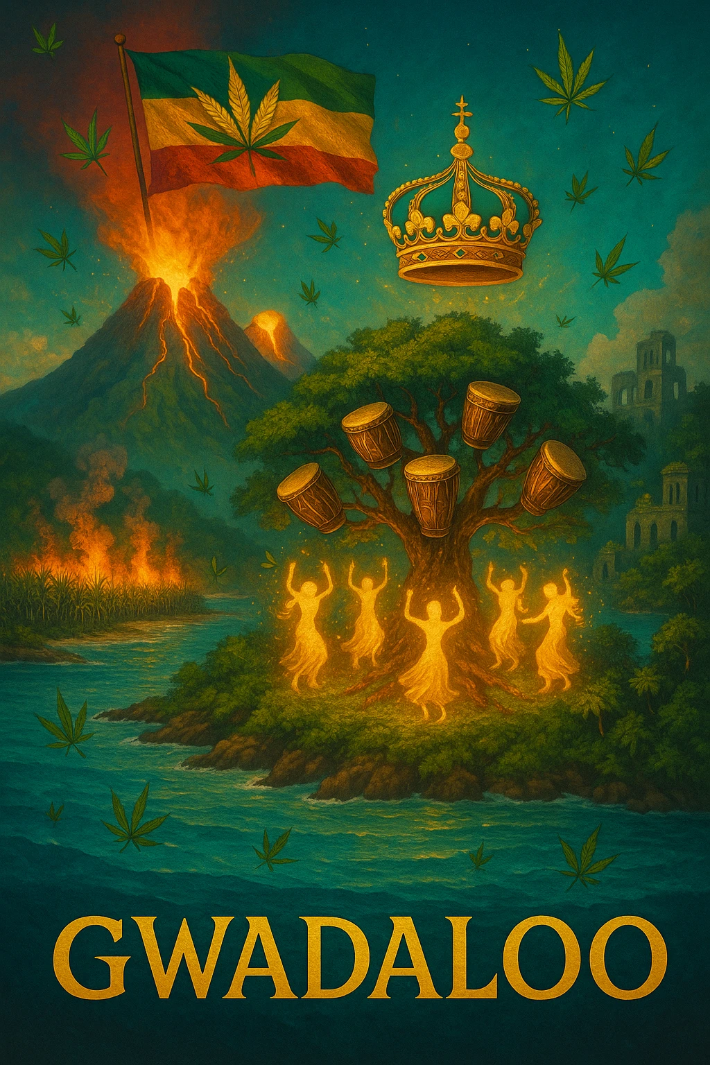 “Depict a mystical reimagining of Guadeloupe, a sacred French Caribbean island renamed Gwadaloo in spiritual rhythm. The landscape blends lush green mountains, twin volcanoes erupting golden light, and deep turquoise sea. In the center stands a legendary Drum Tree — its branches grow carved wooden drums instead of fruit, and glowing ancestral spirits dance around it in a circle of rhythm. Sugarcane fields burn gently in the background, symbolizing the release of colonial pain, while ganja leaves drift in the wind like blessings. Overhead, a sacred ganja-leaf flag flutters in the sky with red, green, and gold colors. A Creole crown floats in golden light above the island, not on any man’s head, but pulsing to the beat of the land. In the distance, ghostly ruins of colonial buildings crumble into dust, reclaimed by vines and time. Use a vibrant, cinematic color palette with warm golden light, deep greens, glowing reds, and ocean blues. Style the scene as prophetic, surreal, and empowering — a vision of Caribbean sovereignty, rhythm, and soul remembrance." emoji