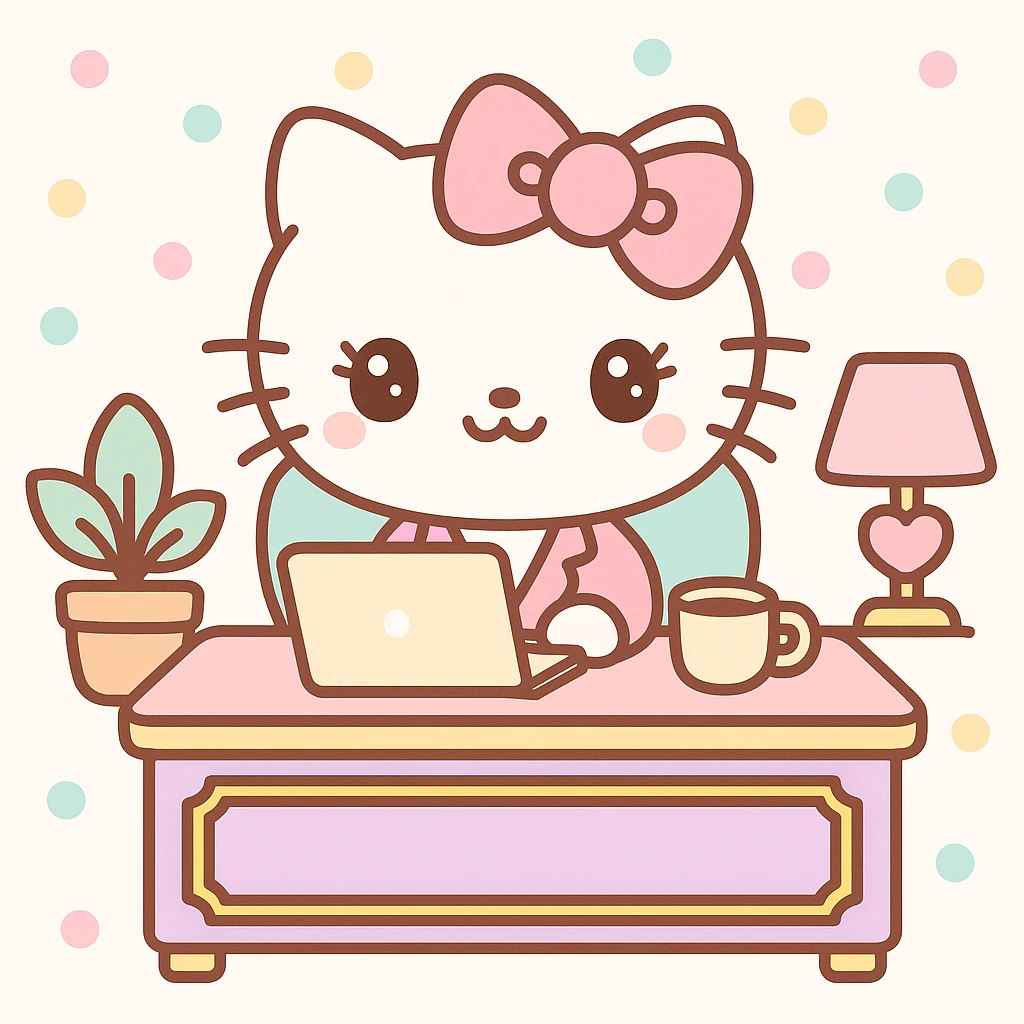 girly CEO cat with a big bow, sitting at a gold-accented desk, laptop and coffee cup, plush office decor, Hello Kitty world, kawaii style emoji