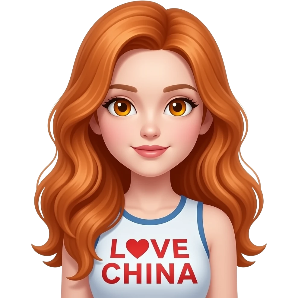 sexy girl with long ginger hair and ginger eyes a top with LOVE CHINA written on it emoji