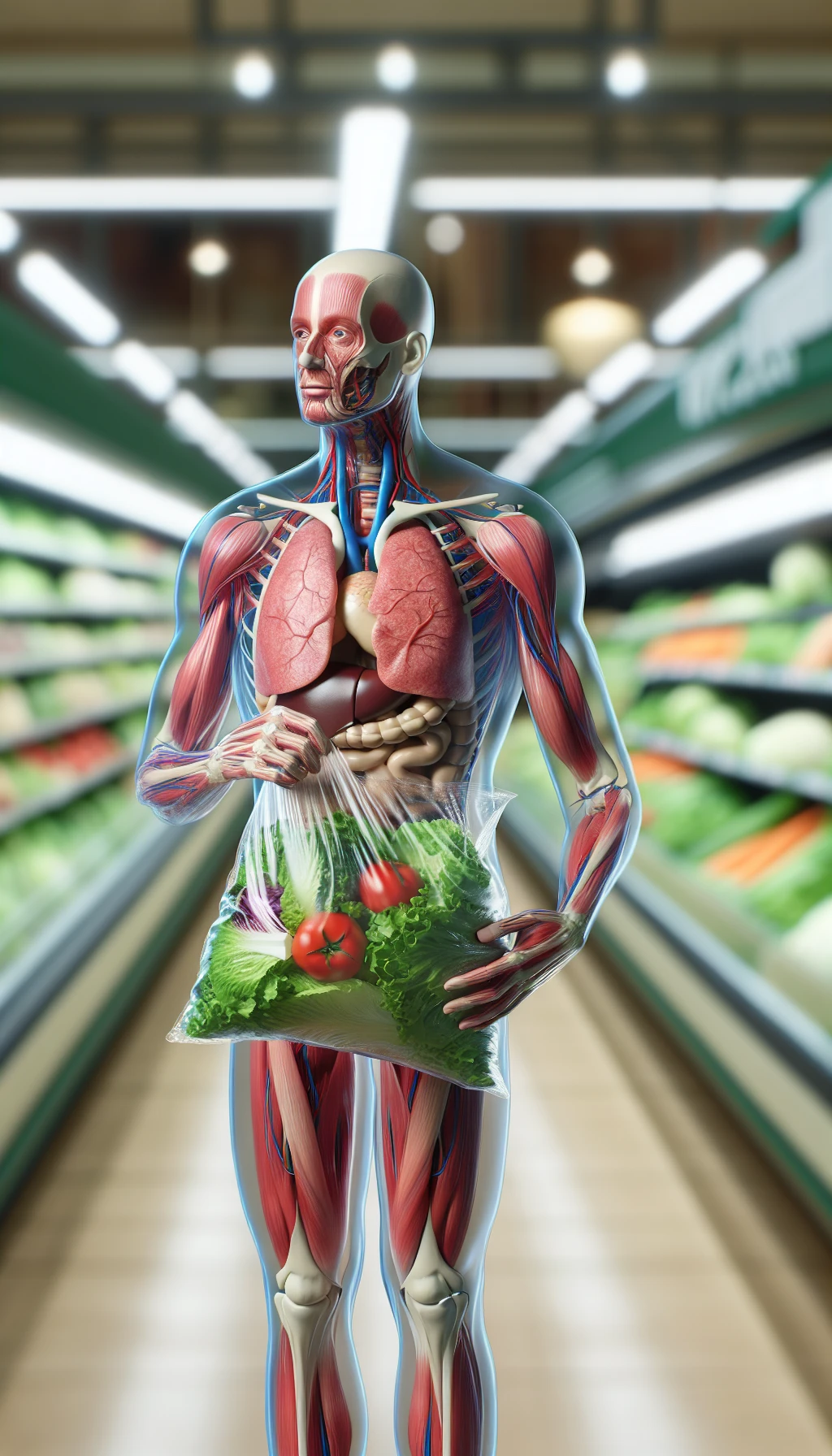 corpo umano anatomico in un supermercato che tiene in mano una busta di insalata di plastica, supermercato sfocato sullo sfondo emoji