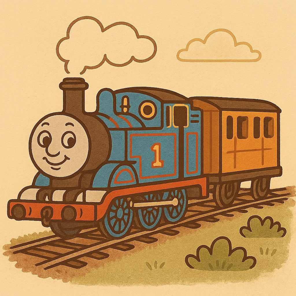 Thomas the Tank Engine pulling Annie and Clarabelle, stylized cartoon, blue engine with smiling face, two orange coaches, playful, no text emoji