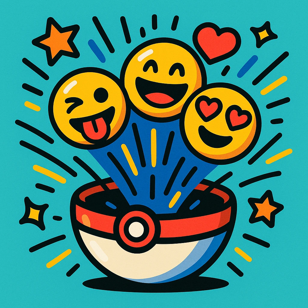 A Poké Ball with emojis popping out of it, surrounded by animated effects like lines and stars, playful energetic cartoon style emoji