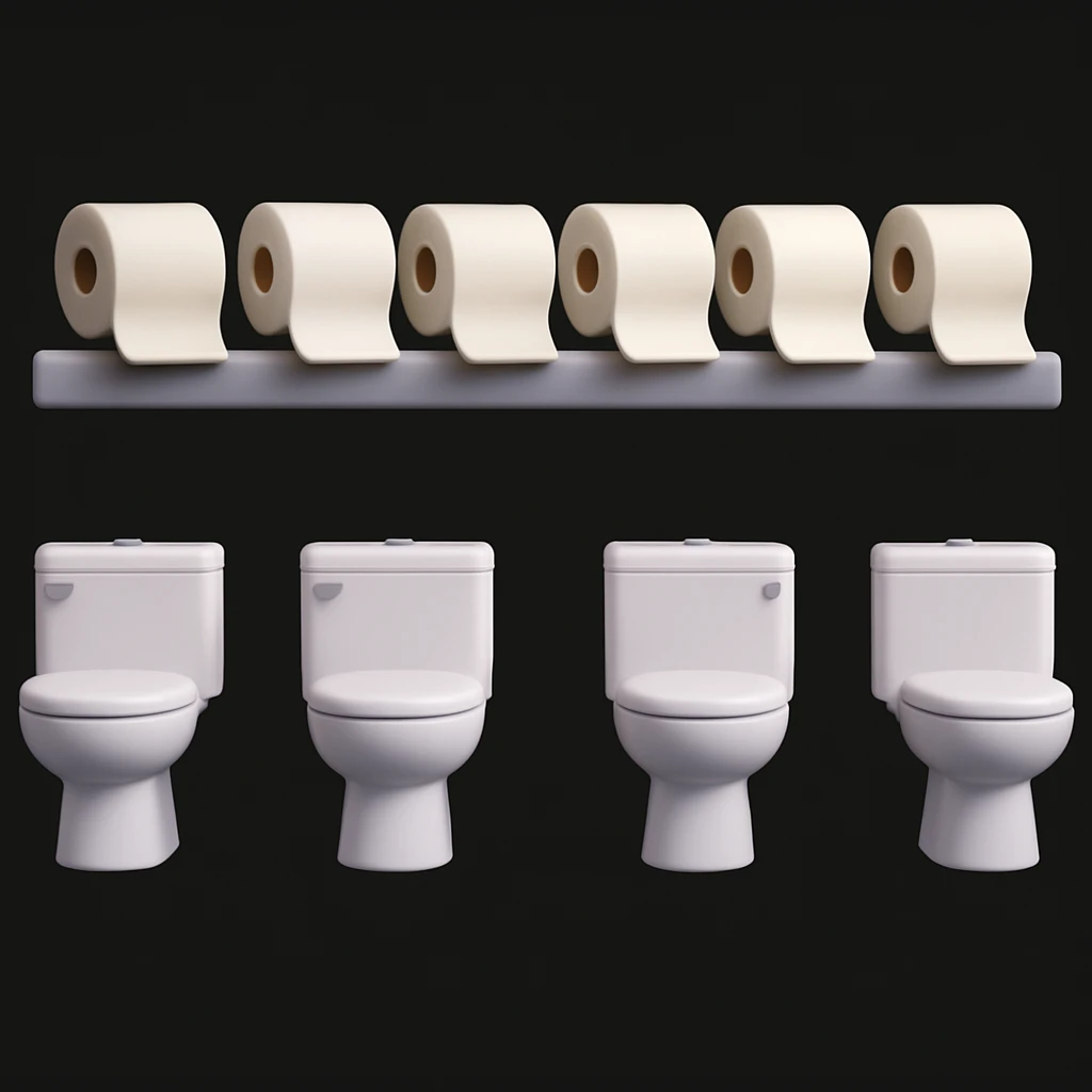 Replace the colorful objects on the shelf above the toilets with rolls of toilet paper in 3D emoji style. Keep the rest of the image unchanged. The style should resemble Microsoft style 3D fluent emojis. emoji