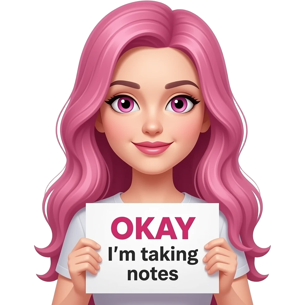 sexy girl with long pink hair and pink eyes wearing a holding a OKAY I'm taking notes sign emoji
