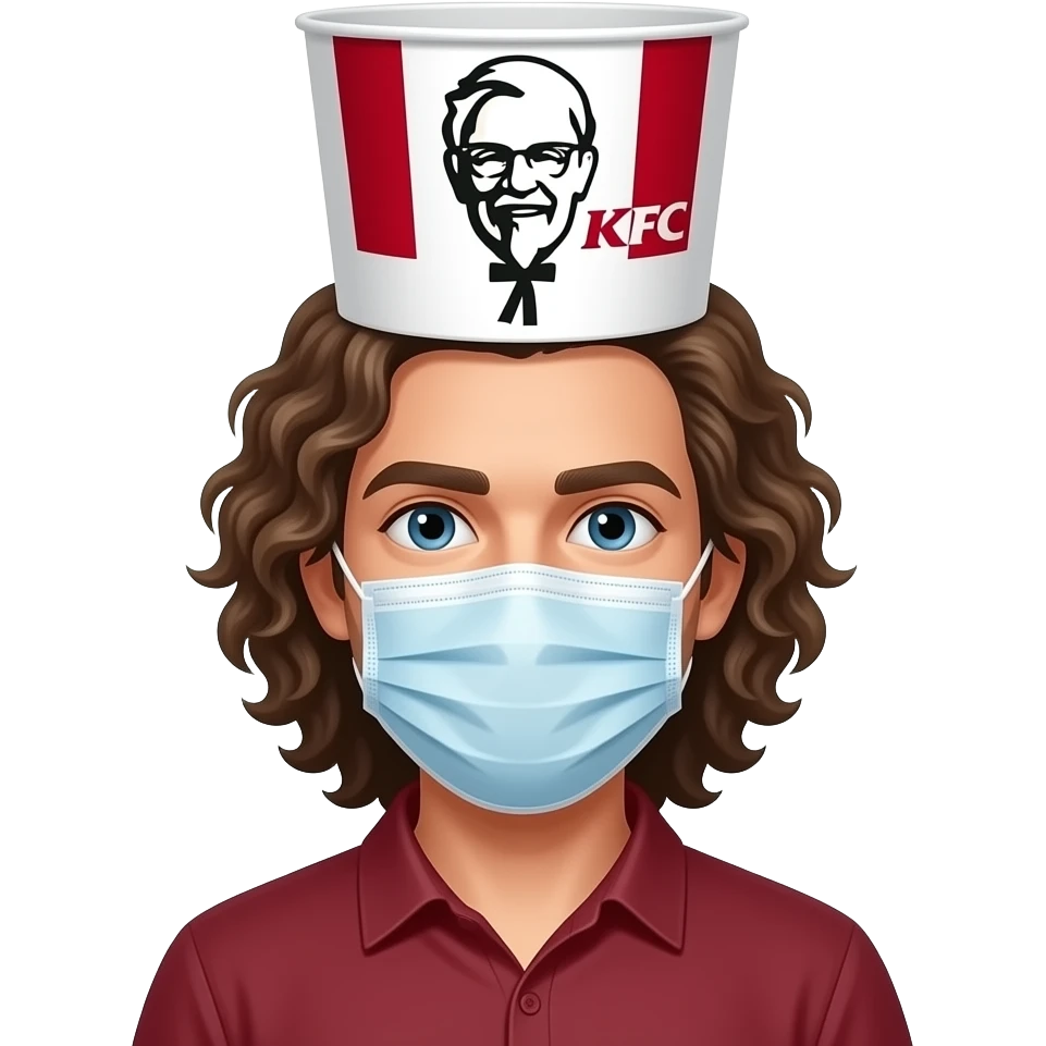Man with curly long hair and white face mask with kfc bucket on his head emoji