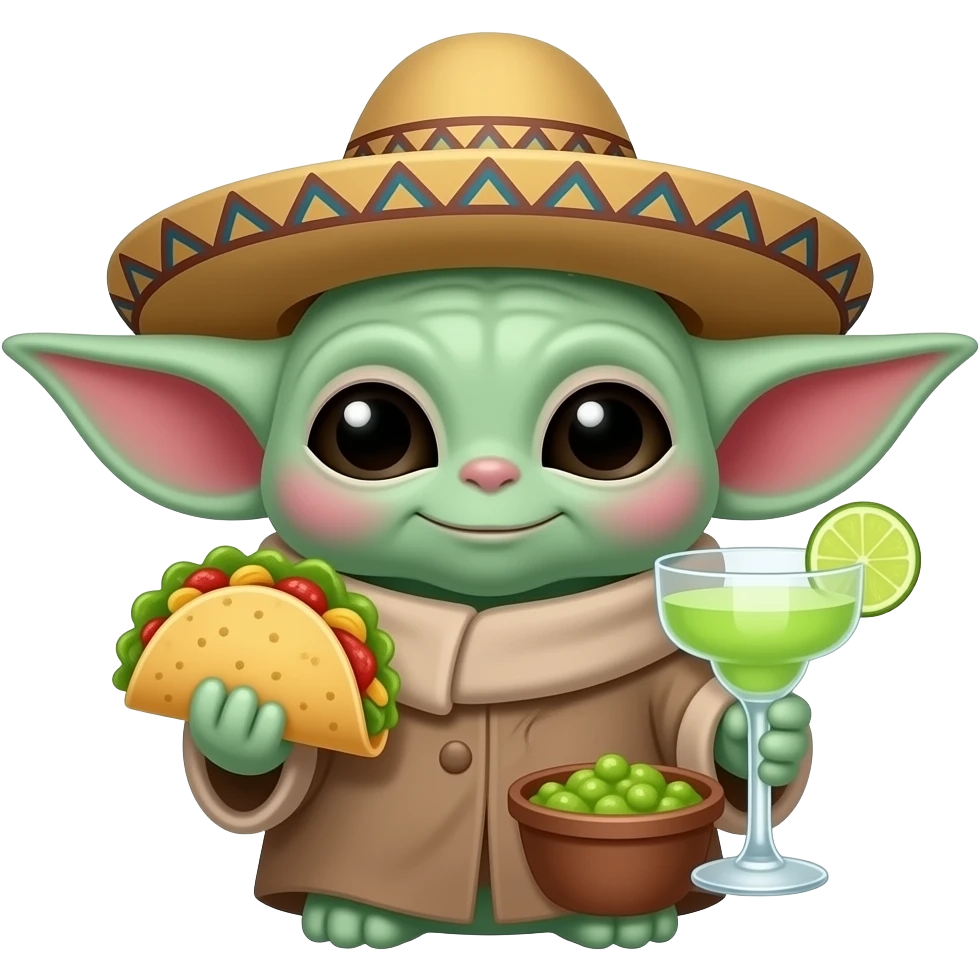 animated baby yoda eating tacos and guacamole,wearing a pancho and sombrero drinking a margarita emoji