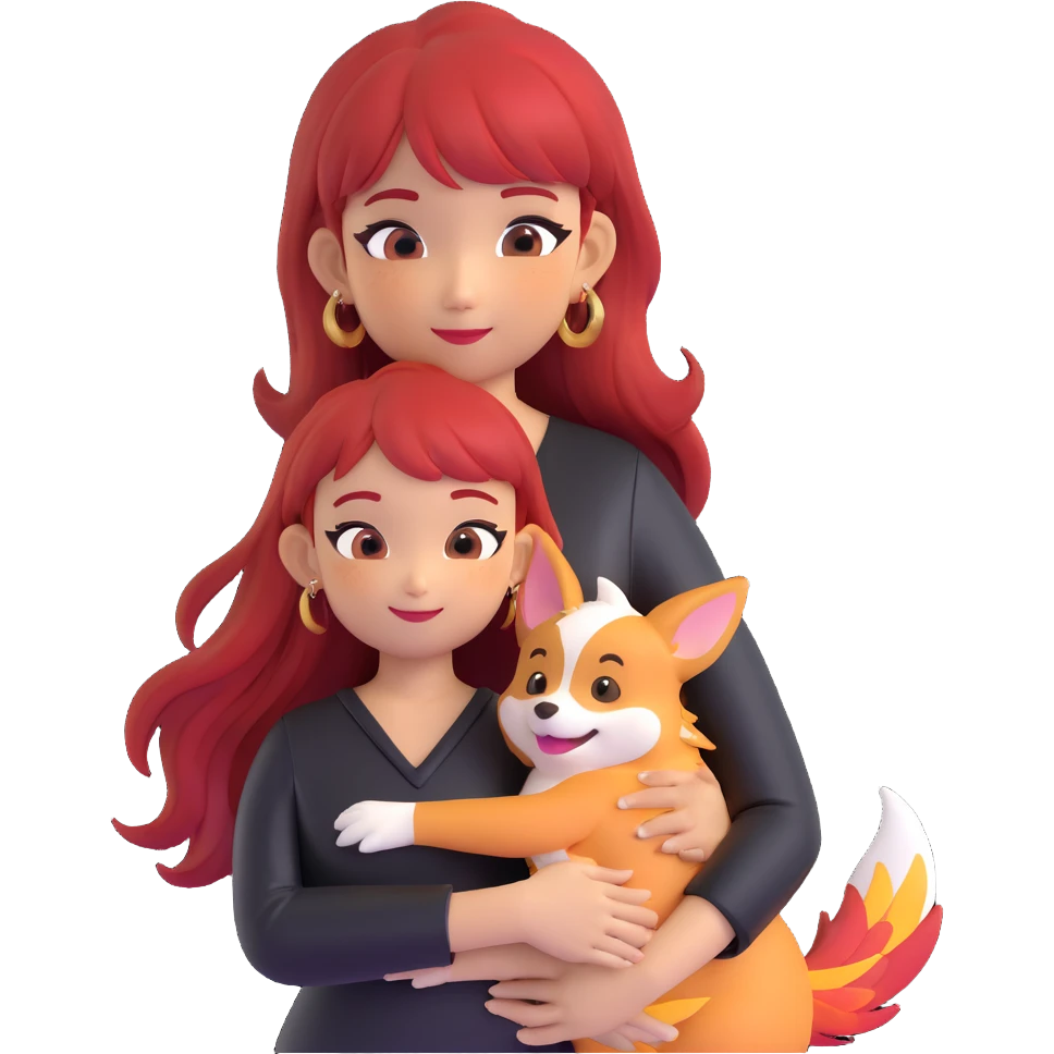 Asian girl with long hair and wispy bangs, black leather dress, gold earrings, subtle false lashes, 3/4 sleeve tattoo with phoenix and dragon on left arm, hugging joyful red head tri-color corgi emoji
