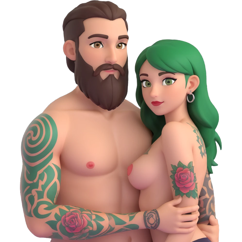 Short Brown eyed Latina woman with pierced nipples, small breasts and tattoos having sex with a tall white man with green eyes and a beard for Christmas emoji