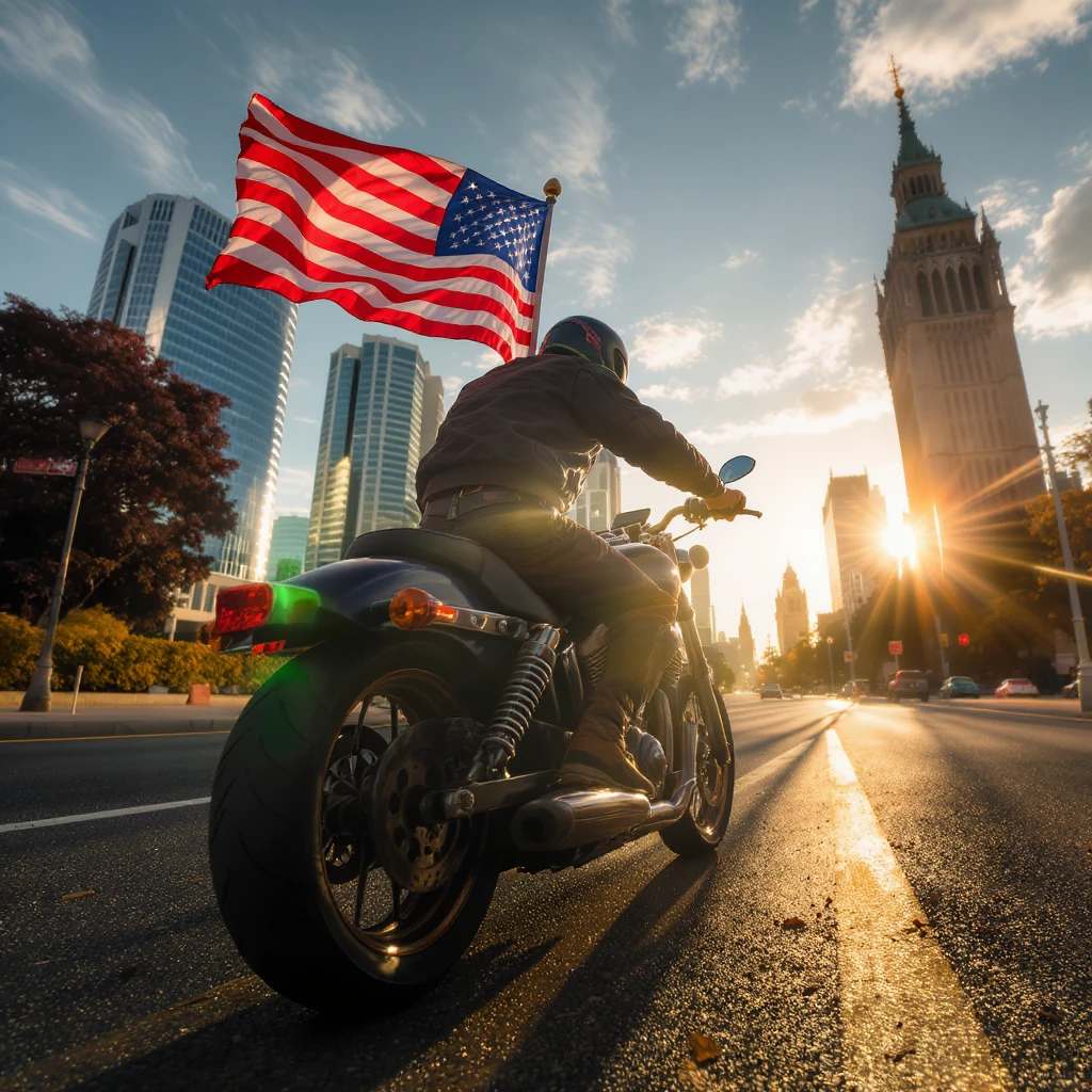 biker with flag anf bomber jacket on bike emoji