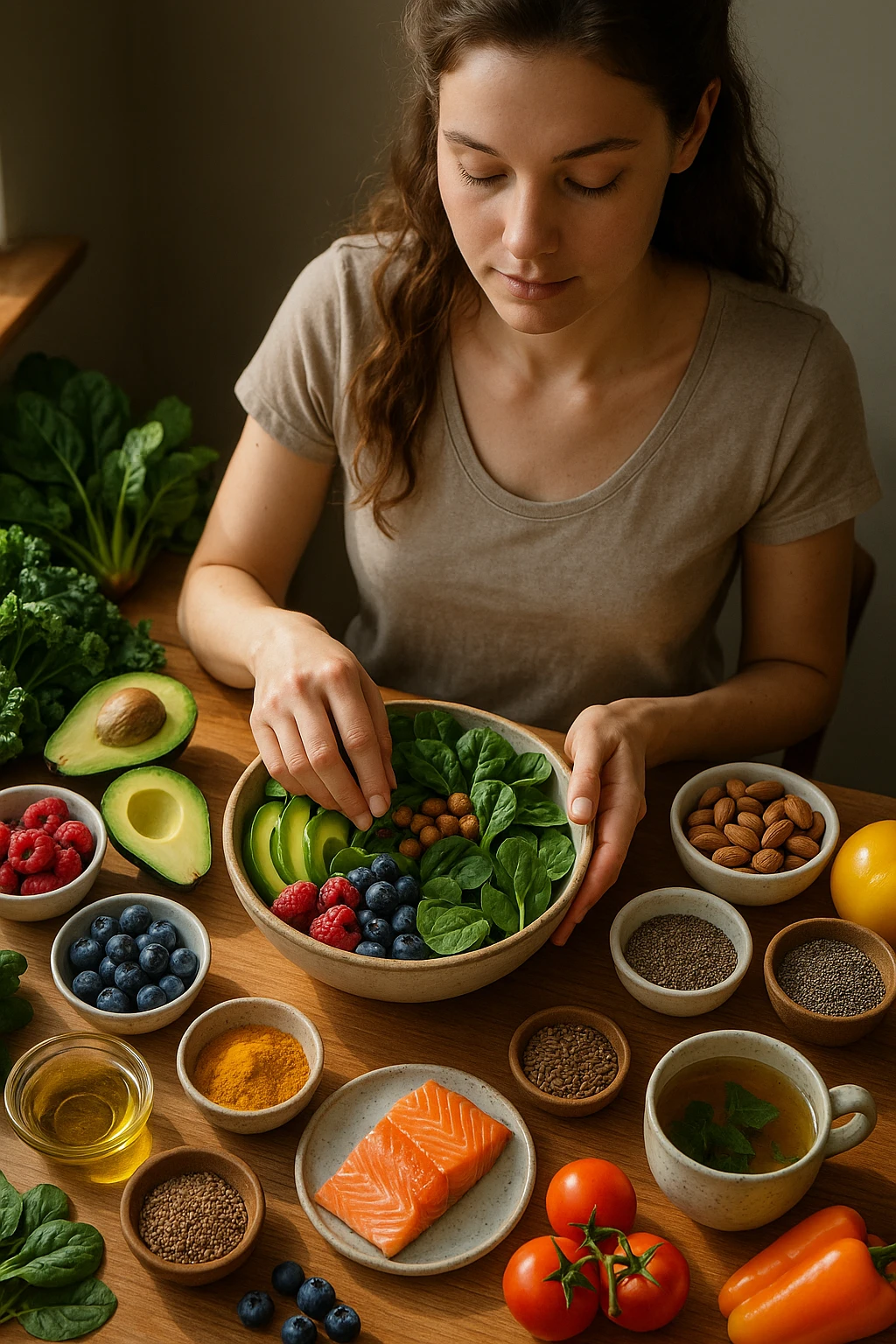 A realistic, cinematic flat-lay image of a clean wooden kitchen table filled with fresh, colorful whole foods known to help reduce androgen excess naturally. The table includes leafy greens like spinach and kale, avocados, berries, colorful vegetables, nuts, seeds (chia and flaxseeds), wild-caught salmon, and herbal teas, carefully arranged in an aesthetically pleasing, organized manner. A small glass bowl with olive oil and another with turmeric powder are included, emphasizing anti-inflammatory properties. In the scene, a young woman with clear, healthy skin and a calm expression is preparing a bowl with these ingredients, symbolizing a hormone-balancing diet. Warm, natural daylight streams in, creating a cozy and inviting atmosphere. The style is hyper-realistic 35mm photography, with vibrant yet soft colors, showcasing textures of the fresh produce and the peaceful vibe of using nutrition to support hormonal balance emoji