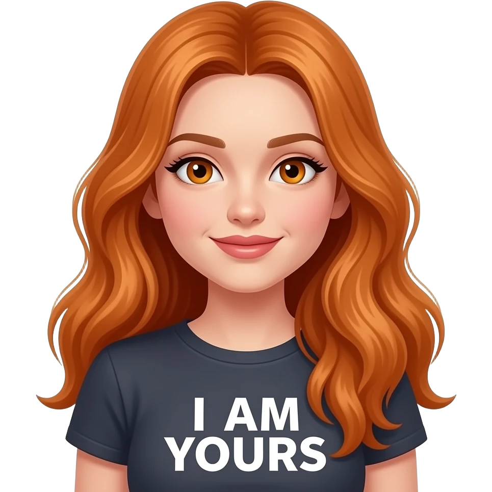 sexy girl with overlong ginger hair and ginger eyes a top with I AM YOURS written on it emoji