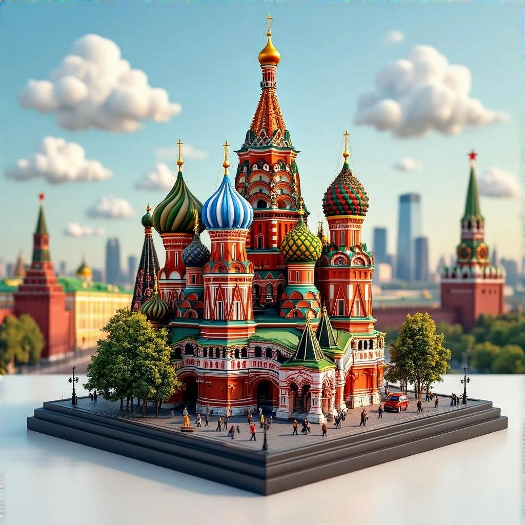 Изометричная миниатюрная фотореалистичная 3D модель Москвы на подставке - Кремль, собор Василия Блаженного, Башни Москва-Сити, четкая детализация, яркие цвета, мультяшный реализм, люди, автотранспорт и метро, компактная композиция, вид сверху в изометрии, прозрачный фон emoji
