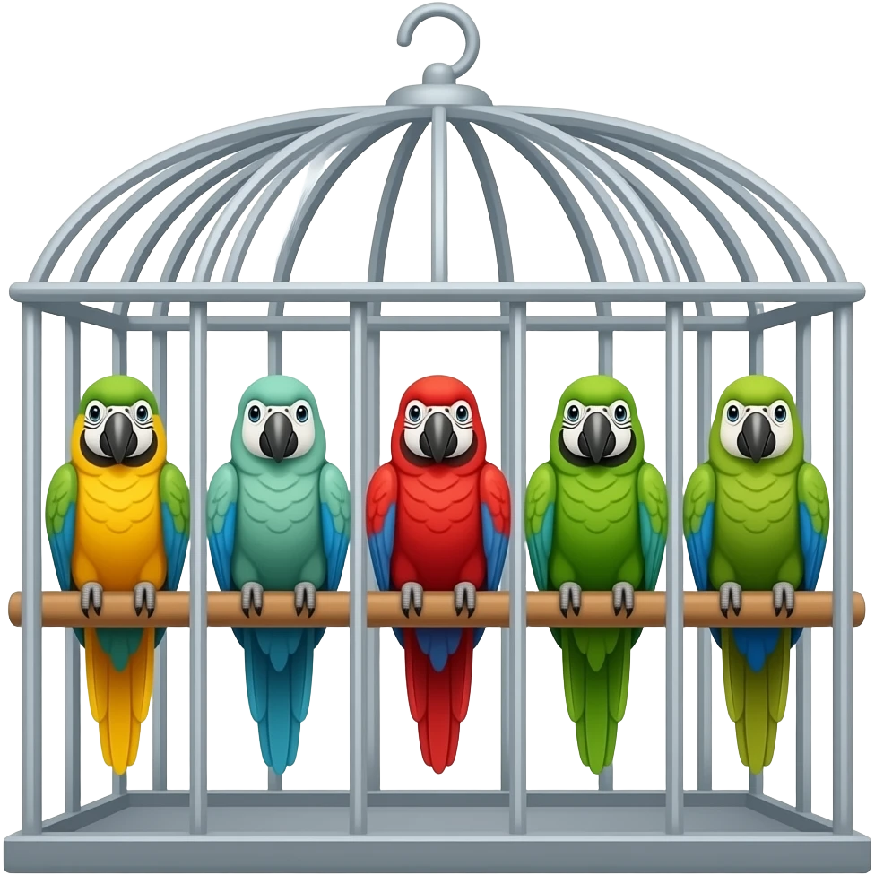 Cartoon 5 parrots in a cage emoji