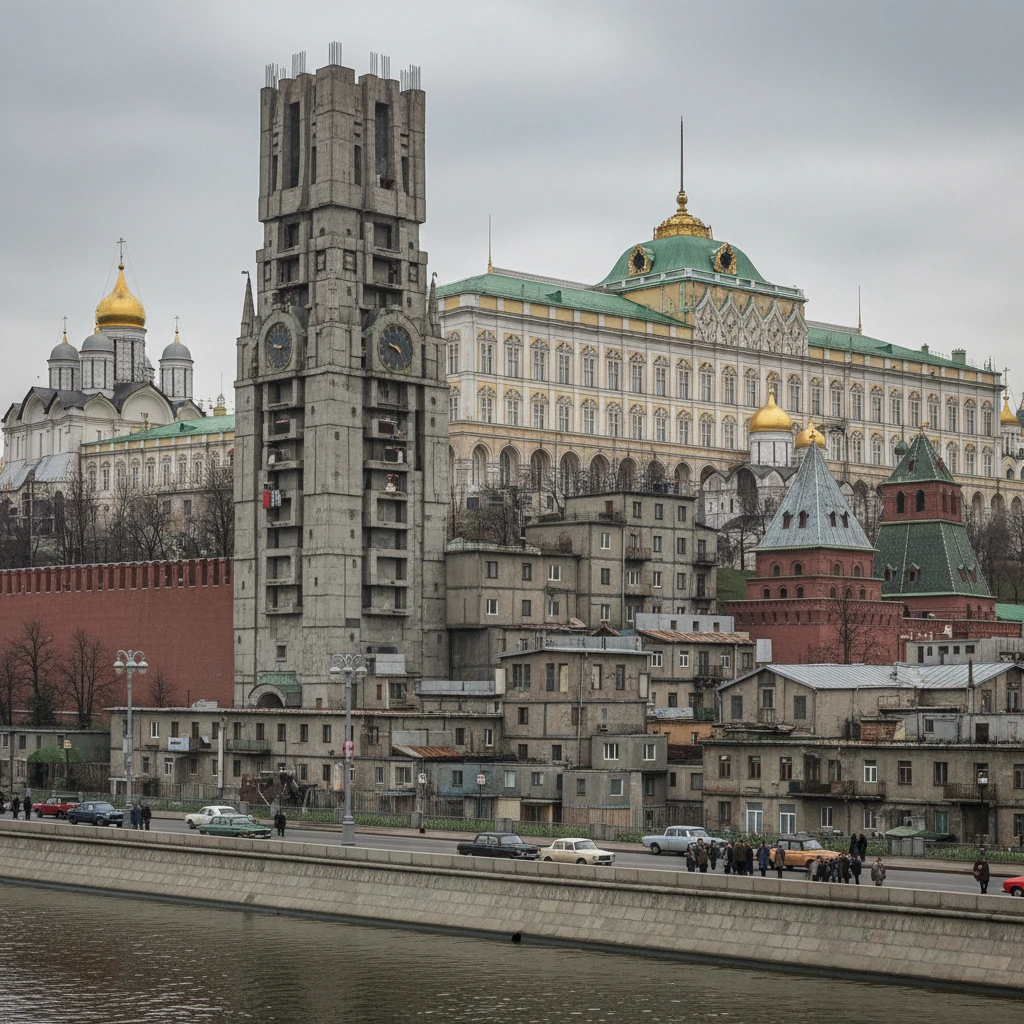 Московский Кремль, но как будто его скрестили с панельками Хрущева.

В стиле фотореализма emoji