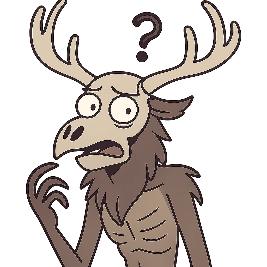 cartoon wendigo with antlers, puzzled expression, floating question mark above its head emoji