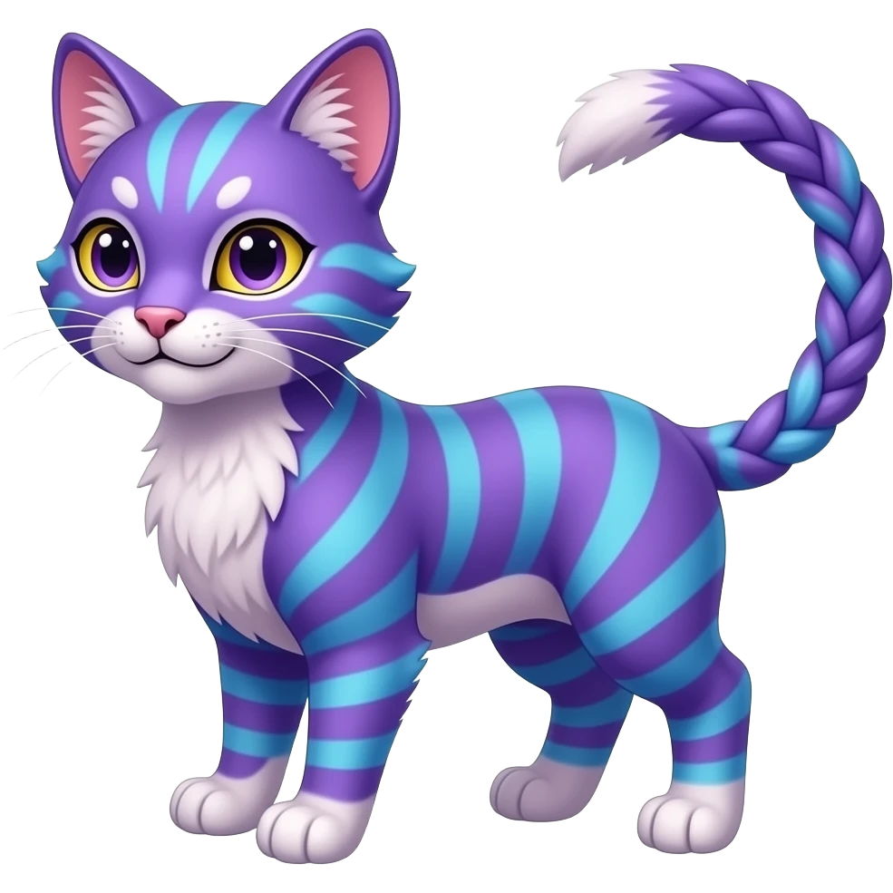 Colorful vernid fantasy creature LiLaiRa Kamirah Falvie whiskers paws full body purple blue gradient stripes braided tail feline emoji