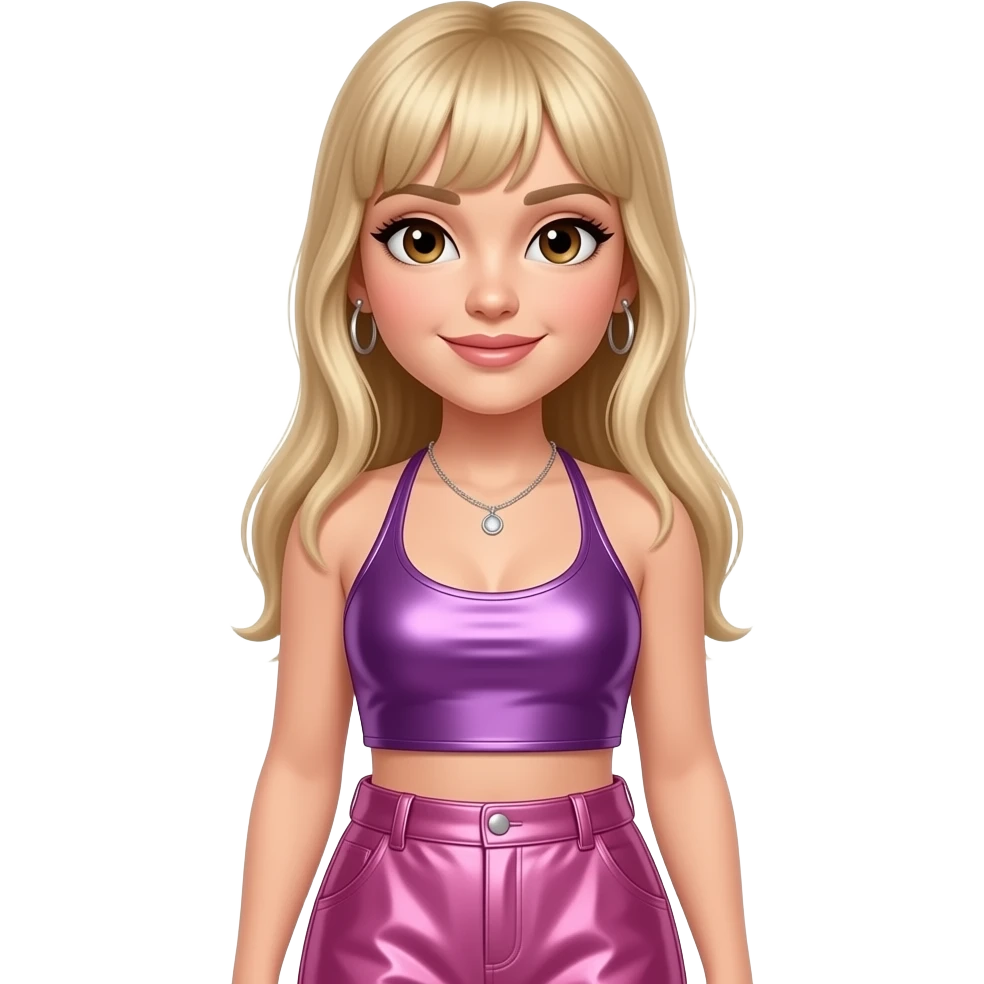 Ashley Roberts with brown eyes, long blonde straight bang hair, purple metallic halter crop top, pink metallic baggy long skirt, necklace and earrings emoji