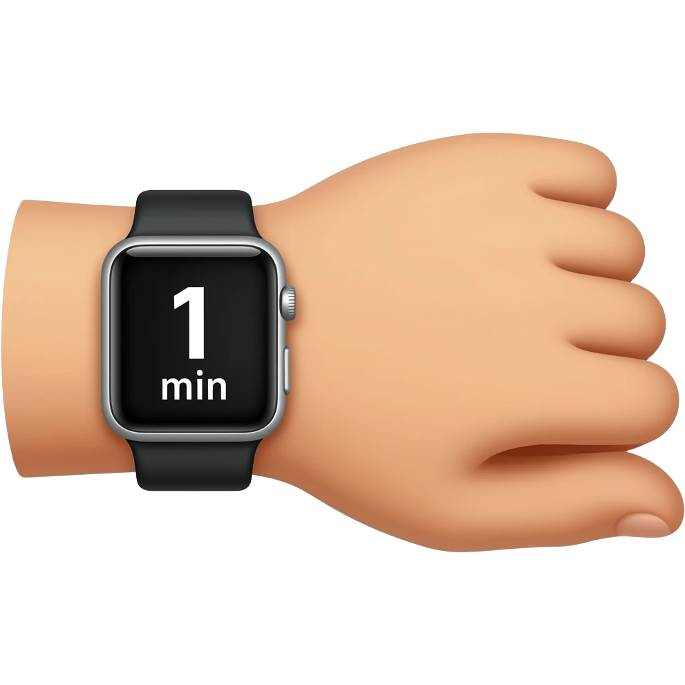 parte de la palma de la mano cogiendo un reloj y que adentro del reloj diga 1 min mostrandolo al frente como si se lo estuvieran pidiendo emoji