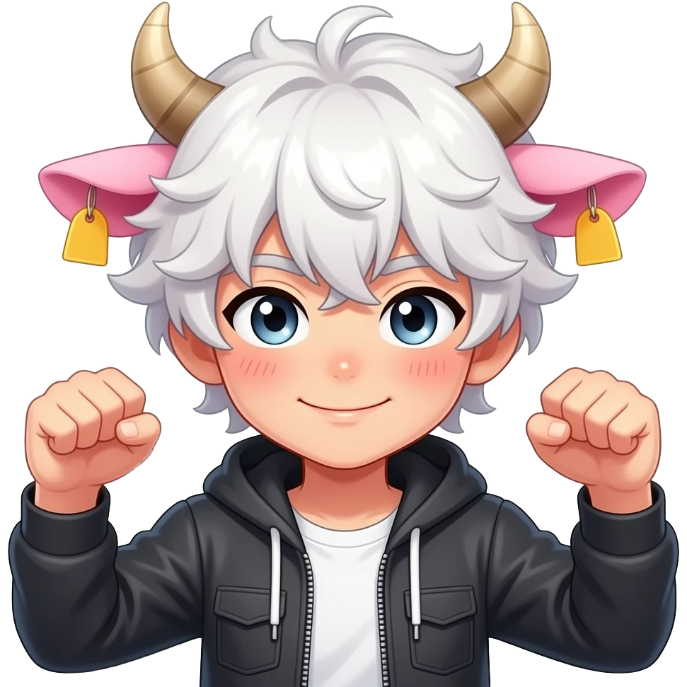 white-haired curly anime guy with long white eylashes with cow horns and pink cow ears with yellow tags in both cow ears poses in caramel dance pose with his fists up to his head with red blush on his cheeks emoji