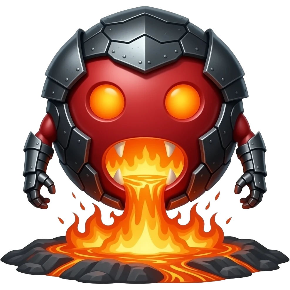 A red floating round sime-ball-like monster with charcoal armor plates and a furnace-hot jaw. It lurks near geothermal rivers and snaps with explosive bursts of heat. No platform. emoji