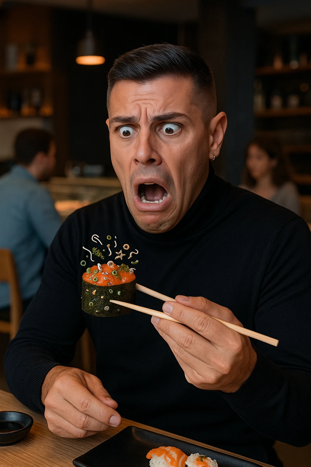 a man in casual clothes is about to eat a salmon gunkan at a sushi restaurant. As he brings it closer, he spots tiny parasites and bacteria wriggling on the fish. His face contorts in a dramatic expression of shock and alarm, with his hand frozen mid-air. The setting is a modern sushi bar, with other diners in the background unaware of the situation. emoji