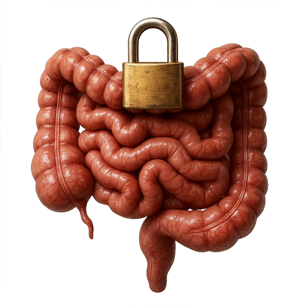 intestino umano con lucchetto sopra di bloocco, iperrealistica 4k emoji