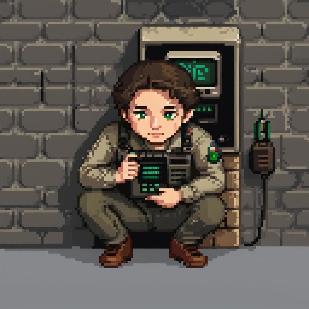 Mossad spy crouched behind a wall, holding a small radio, alert expression, pixel art style, simple background emoji