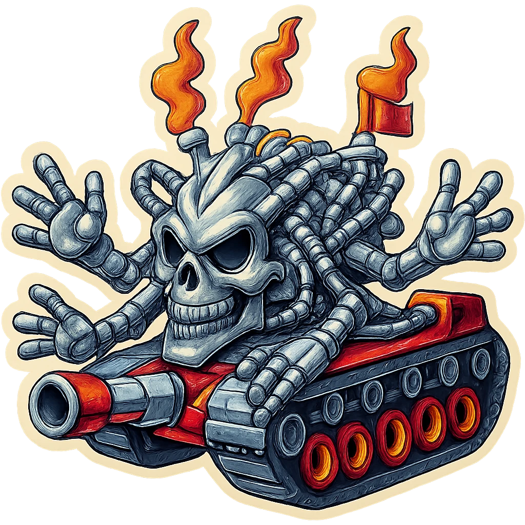 Edit the skull robot tank to have 4 distinct arms. All metal parts should be shiny greyscale without any blue or purple tints. Include some vibrant color accents on non-metal elements. Maintain the retro stickers style with a clean outline and transparent background. emoji
