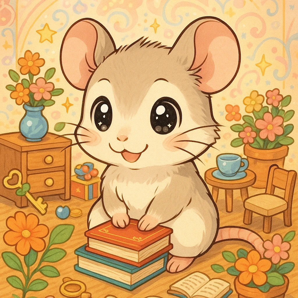 a cute rat in anime drawing style, surrounded by many objects and details, vibrant colors, adorable expression, decorative background emoji