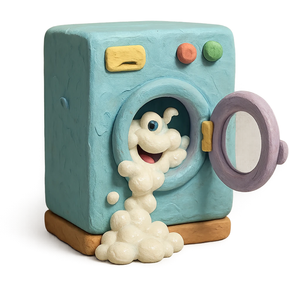 playful washing machine in claymation style with bubbly soap and open door, pastel colors emoji