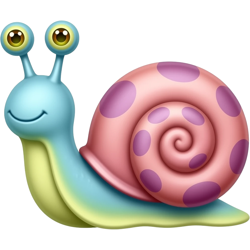 Gary the snale,  eyes on the top of his antenna with the colors being dull light blue for the body and light yellow green at the bottom. eyes are also light yellow green with orange pupils. shell is light pink with dull purple spots emoji