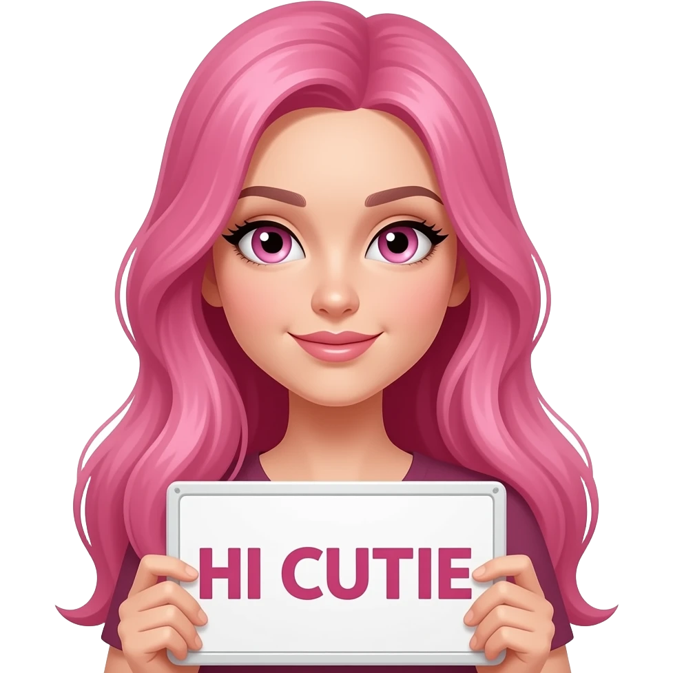 sexy girl with long pink hair and pink eyes wearing a holding a HI CUTIE sign emoji
