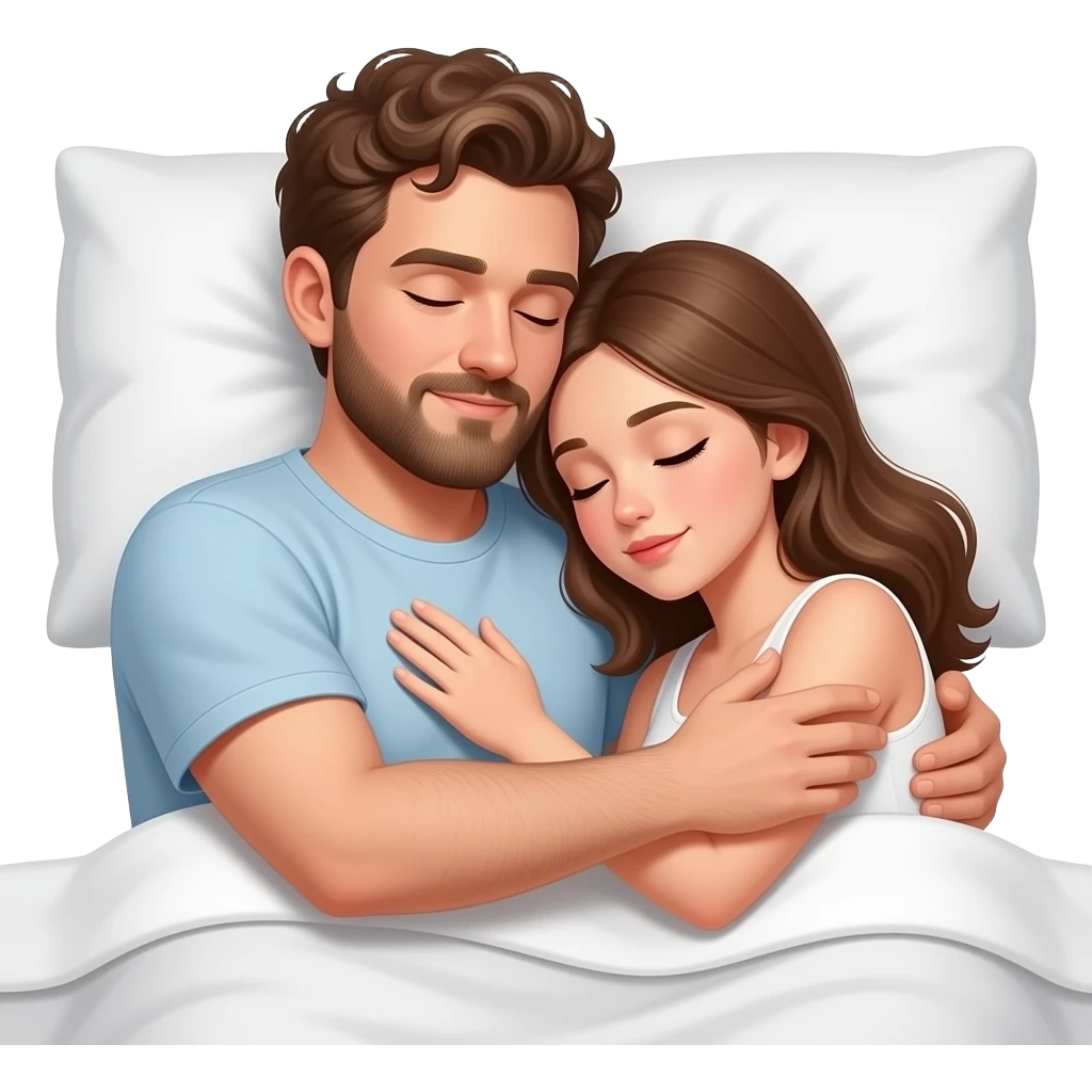 Realistic white man brown super short curly hair with beard hugging while sleeping in bed with realistic white girl brown hair emoji