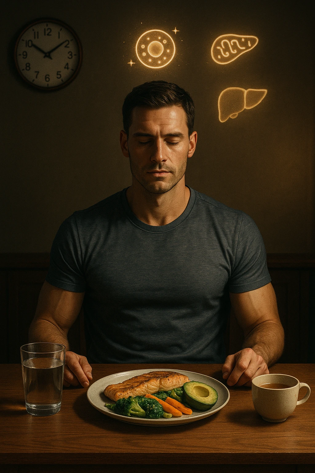 A realistic, cinematic illustration of a healthy, fit man in his early 30s with a calm, disciplined expression, sitting at a clean wooden table in the evening with a single, balanced, nutrient-dense meal in front of him (grilled salmon, colorful vegetables, avocado). The rest of the day he drinks only water and herbal tea, visible in a glass and a simple cup on the side. A wall clock in the background shows 6:00 PM, emphasizing that this is his only meal of the day (OMAD). Subtle glowing icons above him display a regenerating cell, mitochondria, and a liver symbol, representing autophagy, longevity, and health benefits of OMAD. The lighting is warm, with cinematic shadows and natural tones, creating a sense of discipline, mental clarity, and health optimization. The man looks centered and content, showing that OMAD is a conscious choice for energy and regeneration, not restrizione. The scene is realistic with slight film grain for depth emoji
