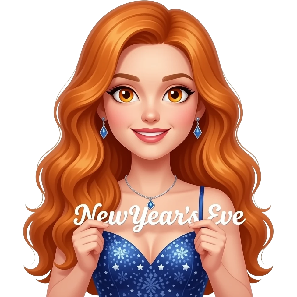 sexy girl with overlong ginger hair and ginger eyes wearing a new years eve dress holding a NEW YEARS EVE sign emoji