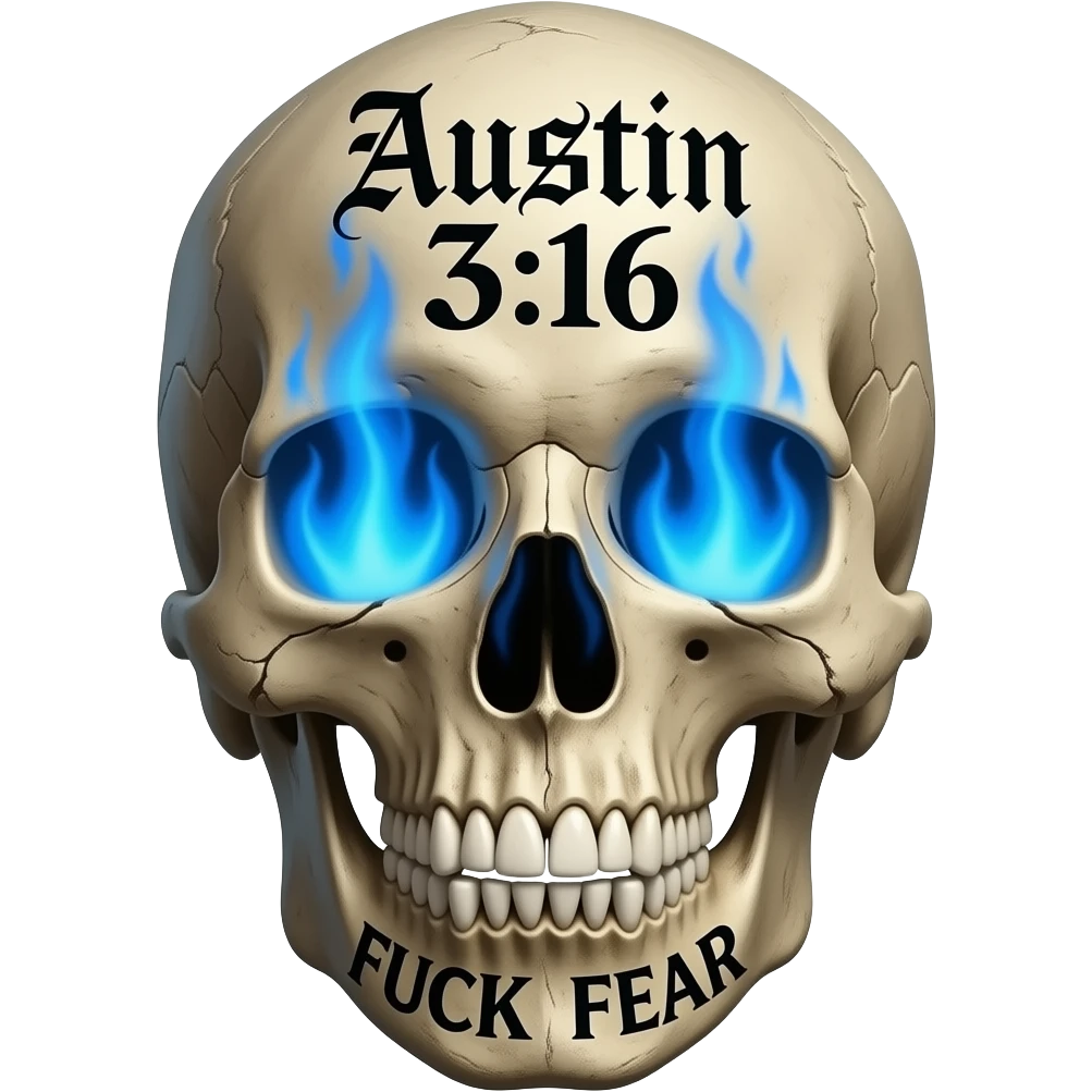Forward facing human skull, skull pieces missing, FUCK FEAR carved on jaw, same gothic font, slightly open, teeth slightly chipped, Austin 3:16 stacked, carved in forehead, eye & nose cavity with intense blue flames, words in a BLACK GOTHIC FONT, entire skull is aged, sun dried, weathered emoji